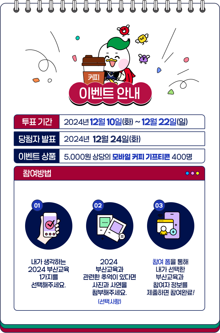 
				[ 이벤트 안내 ]

				- 투표 기간: 2024년 12월 10일(화) ~ 12월 22일(일)   
				- 당첨자 발표: 2024년 12월 24일(화)    
				- 이벤트 상품: 5,000원 상당의 모바일 커피 기프티콘 400명    

				- 참여방법
				01 내가 생각하는 2024 부산교육 1가지를 선택해주세요.
				02 2024 부산교육과 관련한 추억이 있다면 사진과 사연을 첨부해주세요.(선택사항)  
				03 참여 폼을 통해 내가 선택한 부산 교육과 참여자 정보를 제출하면 참여완료!
				