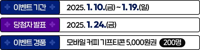 이벤트 기간 2025년 1월 10일~ 1월 19일 | 당첨자 발표 1월 24일 | 경품 모바일 커피 기프티콘 5000원권 200명