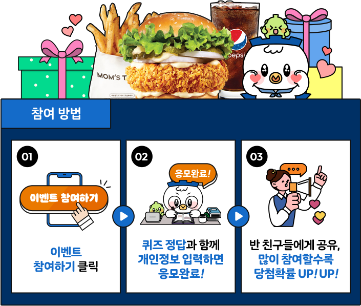 참여 방법 - 이벤트 참여하기 클릭, 퀴즈 정답과 함께 개인정보 입력하면 응모완료!, 반 친구들에게 공유, 많이 참여할수록 당첨확률 up!up!