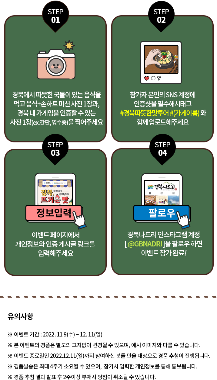 
					STEP 01 - 경북에서 뜨거운 국물이 있는 음식을
					먹고 음식+손하트 미션 사진 1장과,
					경북 내 가게임을 인증할 수 있는
					사진 1장(ex. 간판, 영수증)을 찍어주세요.

					STEP 02 - 참가자 본인의 SNS 계정에
					인증샷을 필수 해시태그
					#경북뜨거운맛투어 #(가게이름)
					와 함께 업로드해주세요.

					STEP 03 - 이벤트 페이지에서
					개인정보와 인증 게시글 링크를
					입력해주세요.

					STEP 04 - 경북나드리 인스타그램 계정
					[ @GBNADRI ]을 팔로우 하면
					이벤트 참가 완료!

					유의사항

					※ 이벤트 기간 : 2022. 11. 4(금) ~ 12. 4(일)
					※ 본 이벤트의 경품은 별도의 고지없이 변경될 수 있으며, 예시 이미지와 다를 수 있습니다.
					※ 이벤트 종료일인 2022.12.4(금)까지 참여하신 분들 만을 대상으로 경품 추첨이 진행됩니다.
					※ 경품발송은 최대 4주가 소용될 수 있으며,  참가시 입력한 개인정보를 통해 통보됩니다.
					※ 경품 추첨 결과 발표 후 2주이상 부재시 당첨이 취소될 수 있습니다.
					