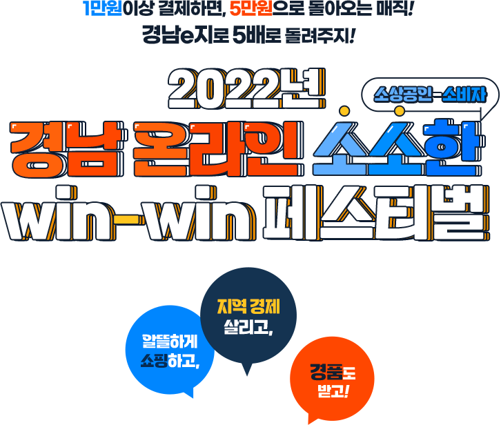 
					[경상남도경제진흥원]
					1만원이상 결제하면, 5만원으로 돌아오는 매직!
					경남e지로 5배로 돌려주지!
					2022년 경남 온라인 소소한 win-win 페스티벌
					알뜰하게 쇼핑하고, 지역 경제 살리고, 경품도 받고!
					