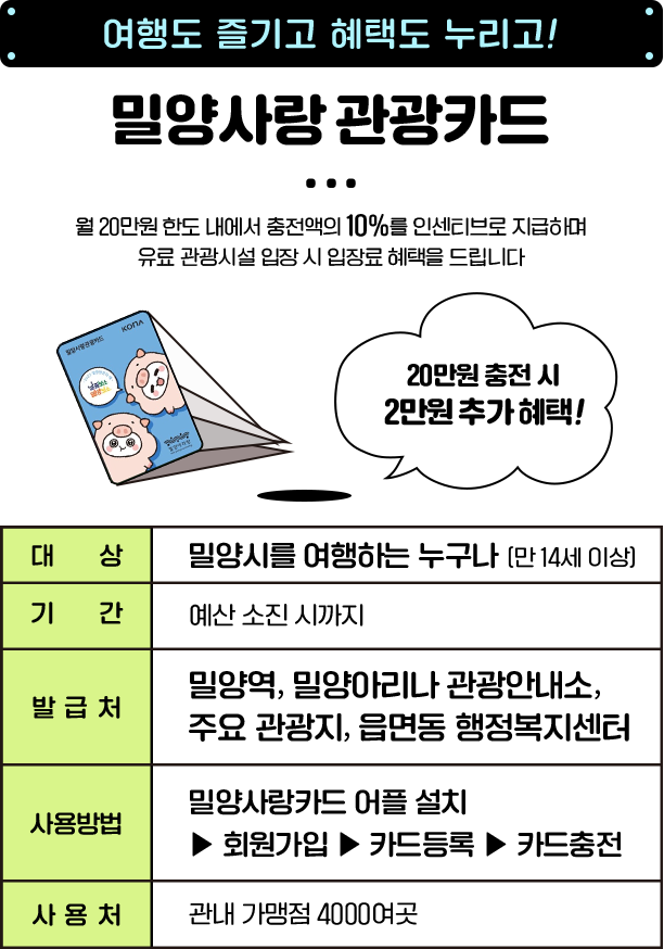 
						[ 여행도 즐기고 혜택도 누리고! ]
						밀양사랑관광카드

						월 20만원 한도 내에서 충전액의 10%를 인센티브로 지급하며 유료 관광시설 입장 시 입장료 혜택을 드립니다
						20만원 충전 시 2만원 추가 혜택!

						대상: 밀양시를 여행하는 누구나 (만 14세 이상)
						기간: 예산 소진 시까지
						발급처: 밀양역, 밀양아리나 관광안내소, 주요 관광지, 읍면동 행정복지센터
						사용방법: 밀양사랑카드 어플 설치 ▶ 회원가입 ▶ 카드등록 ▶ 카드충전
						사용처: 관내 가맹점 4000여곳
						