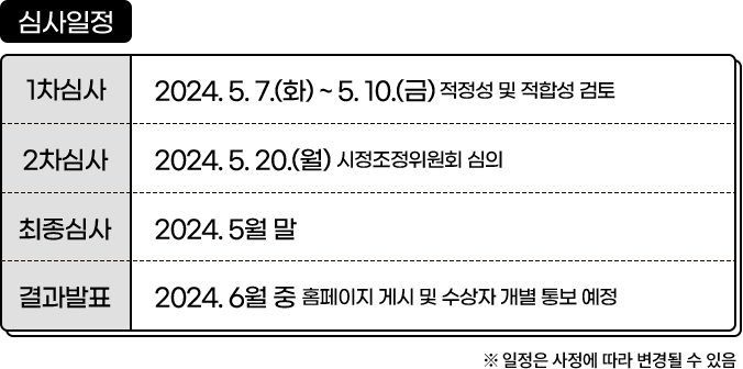 
				심사일정:

				1차심사 : 2024. 5. 7.(화) ~ 5. 10.(금) 기획감사담당관 내부 검토 
				2차심사 : 2024. 5. 20.(월) 시정조정위원회 심의 
				최종심사 : 2024. 5월 말
				결과발표 : 2024. 6월 중 홈페이지 게시 및 수상자 개별 통보 예정
				※ 일정은 사정에 따라 변경될 수 있음
				