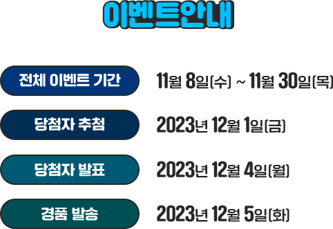 
					[ 이벤트 안내 ]

					전체 이벤트 기간: 11월 8일(수) ~ 11월 22일(수)
					당첨자 추첨: 2023년 11일 24일(금)
					당첨자 발표: 2023년 11일 27일(월)
					경품 발송: 2023년 12일 4일(월)
					