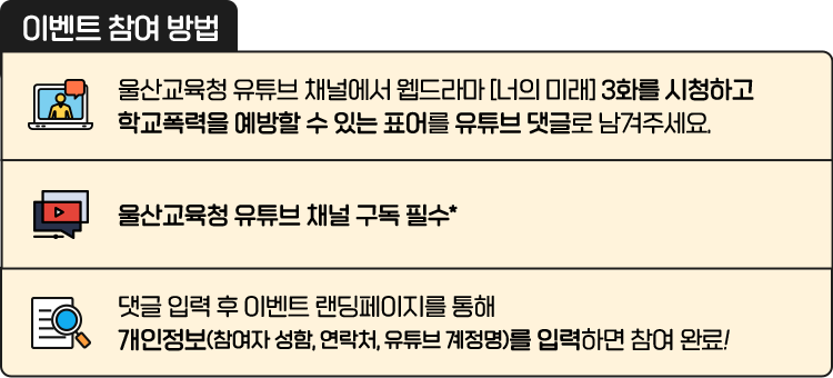 
						[ 이벤트 참여 방법 ]
						01 울산교육청 유튜브 채널에서 웹드라마 [너의 미래] 3화를 시청하고
						학교폭력을 예방할 수 있는 표어를 유튜브 댓글로 남겨주세요.
						02 울산교육청 유튜브 채널 구독 필수*
						03 댓글 입력 후 이벤트 랜딩페이지를 통해 개인정보(참여자 성함, 연락처, 유튜브 계정명)를 입력하면 참여 완료!
						